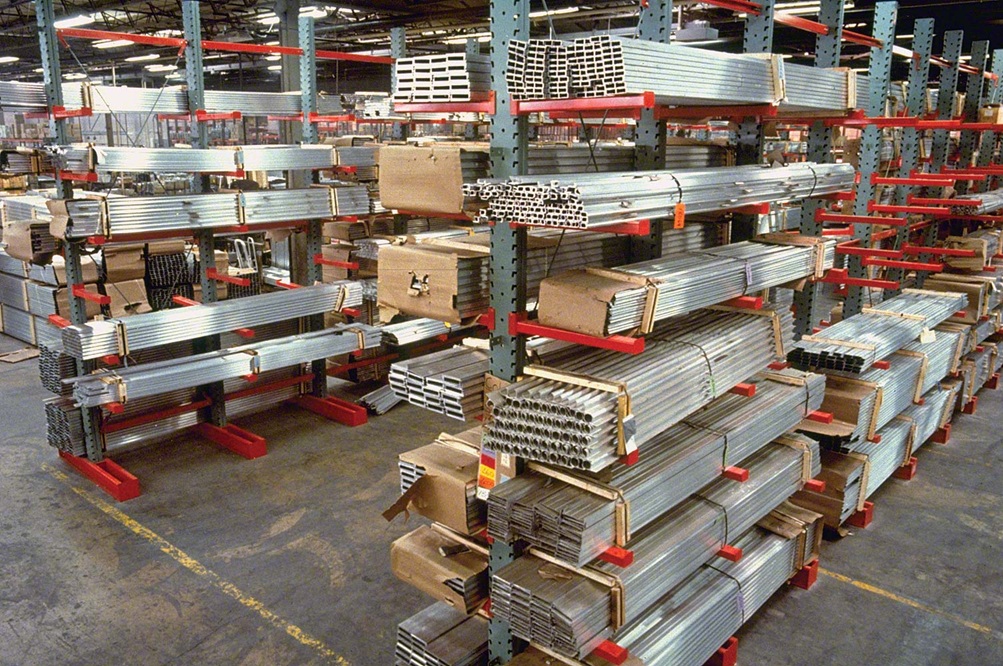 Cantilever warehouse racking holding steel tubing